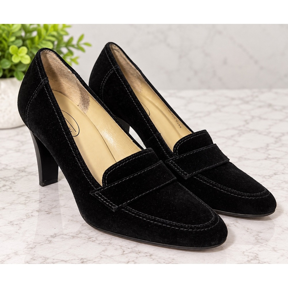 Talbots Black Suede Penny Loafer Pumps Heels Size 7.5B Made in Brazil Office